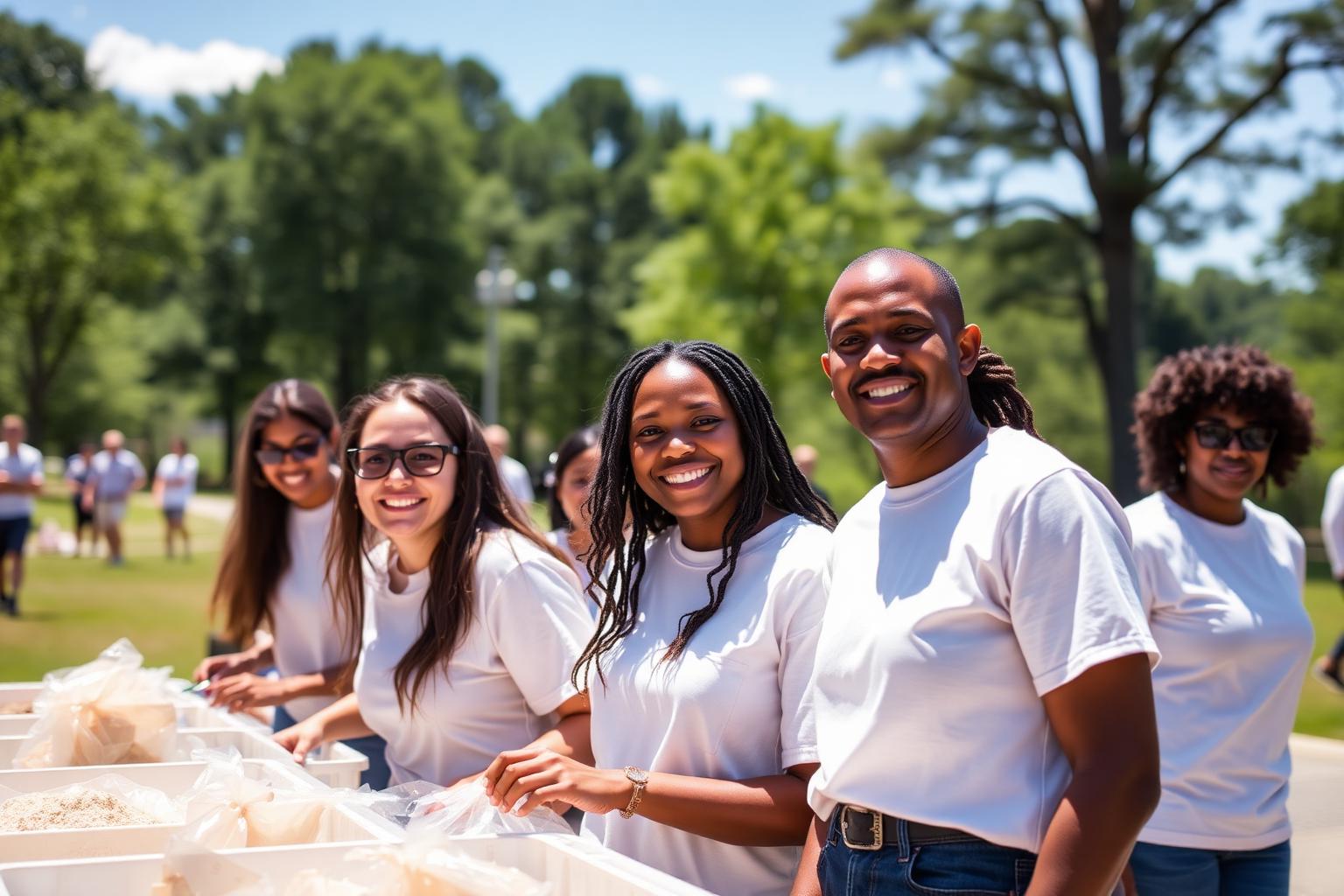 Volunteers preparing supplies at an outdoor community event